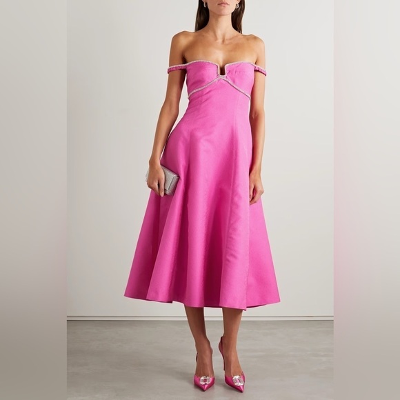 SELF-PORTRAIT Pink Textured Diamonte Prom Off the Shoulder Midi Dress Size 4 NWT - Picture 1 of 9